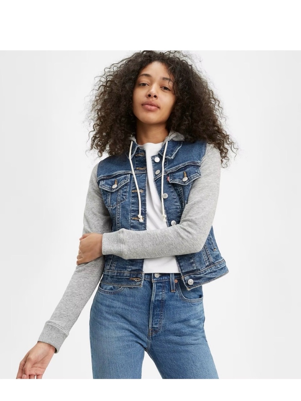 Levi's Hybrid Blue Denim Jacket with Gray Hoodie Sleeves
